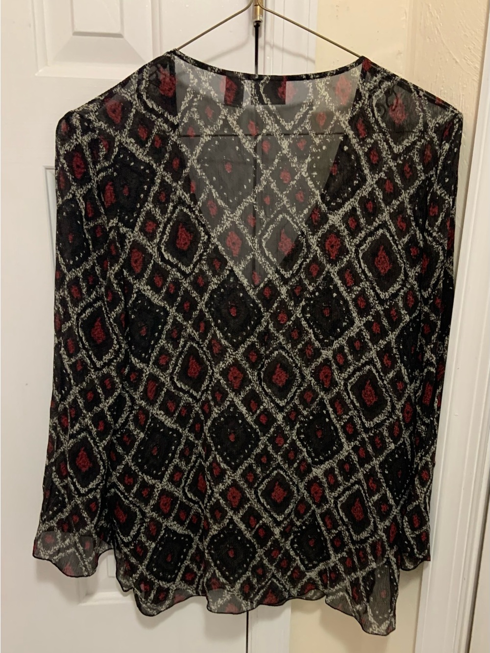 Chico's Black Blouse with Red and Cream Diamond Print